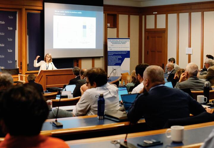 Image showing Catherine Wolfram presenting her work during day 1 of the Yale Climate, Environment & Economic Growth Conference